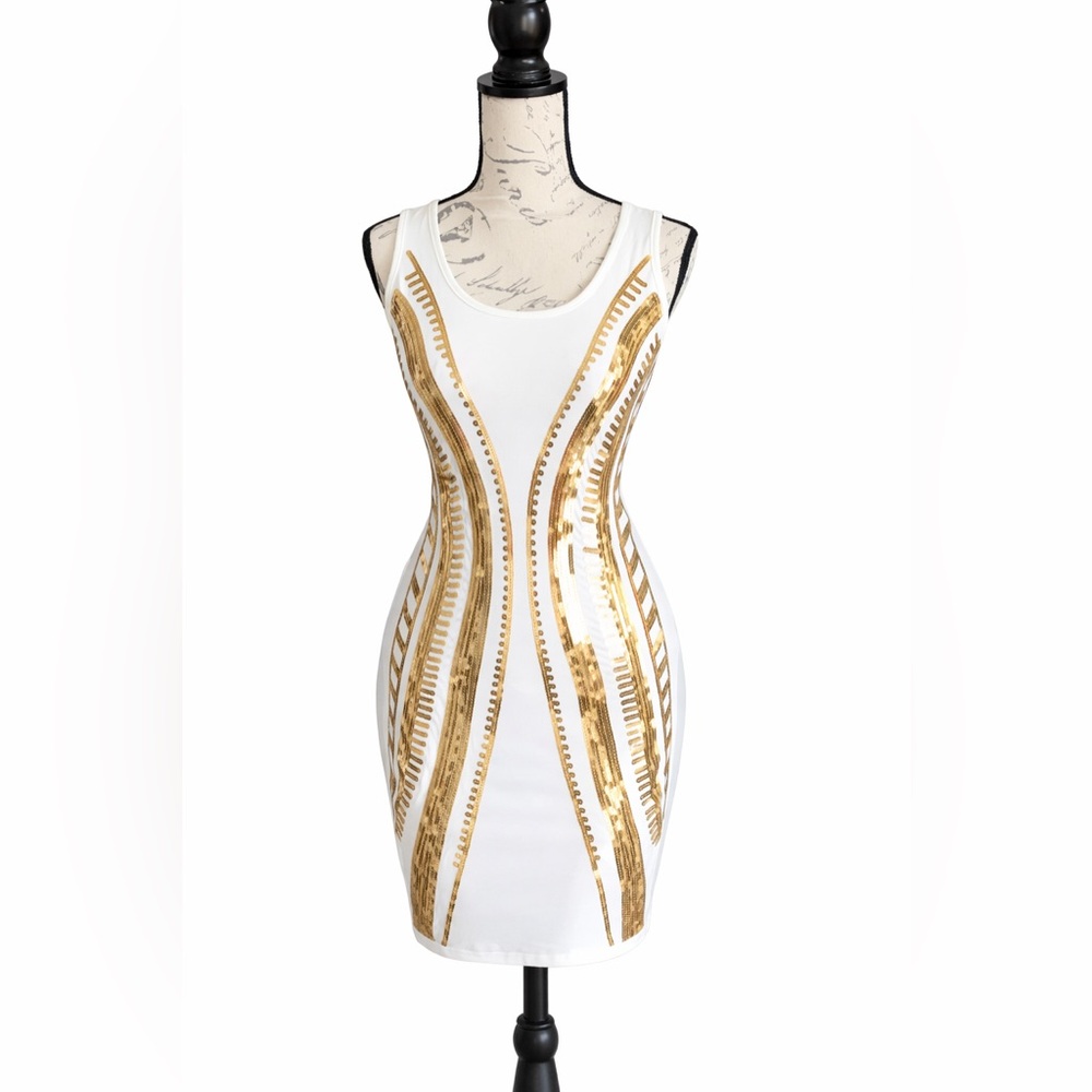 Elegant White and Gold Patterned Mini Dress
